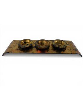 Gold Fused Glass Triple Tea Light Candle Holder Set Tray Unmarked Home Decor